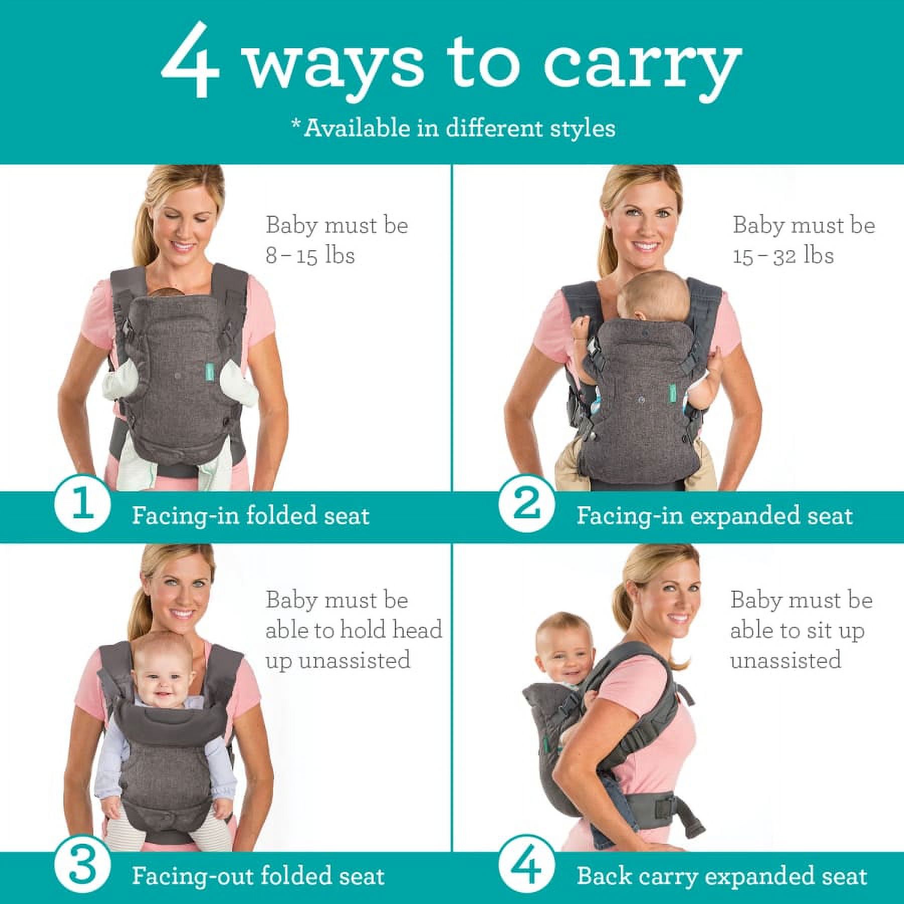 Infantino Flip 4-in-1 Convertible Baby Carrier, 4-Position, Unisex, 8-32lb, Gray - image 3 of 9