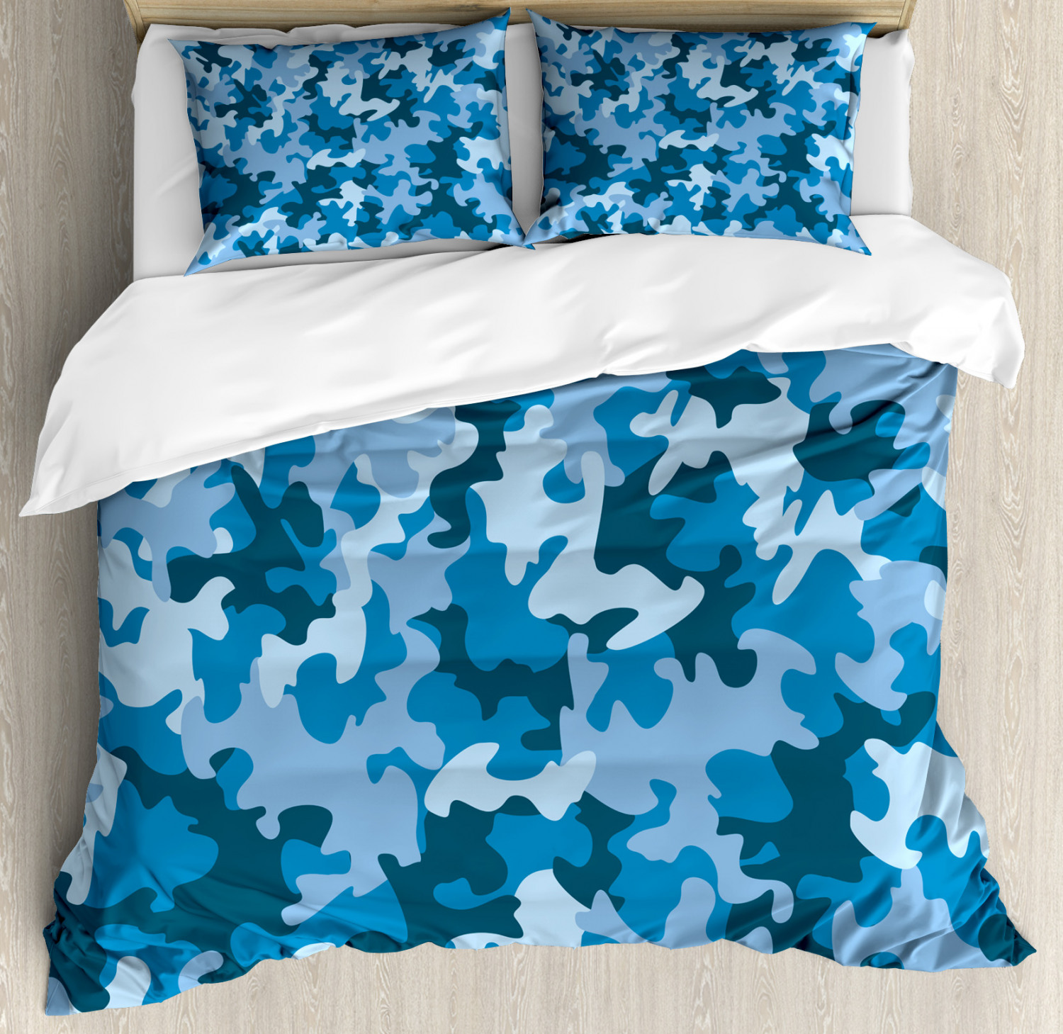 Camo Duvet Cover Set, Colorful Composition with Abstract Shapes in Blue Shades Dark and Pale