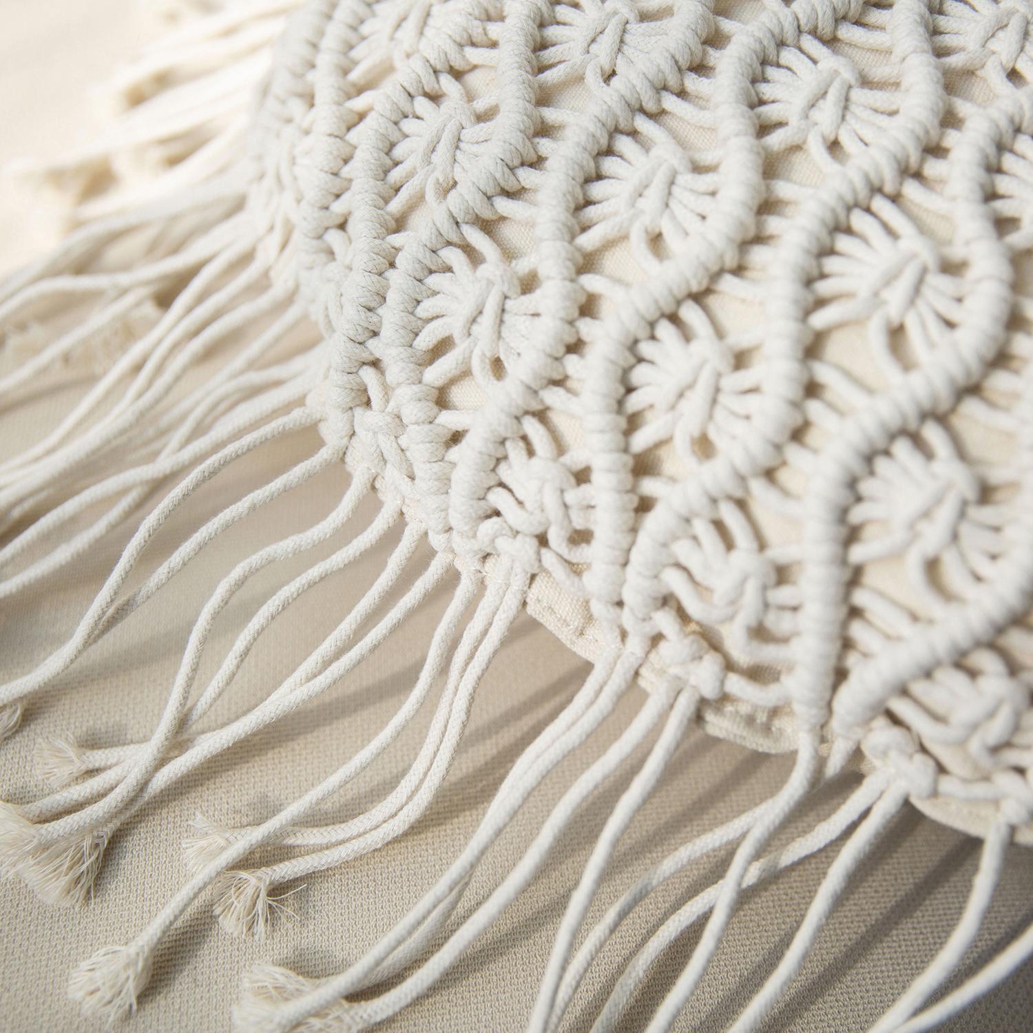 Phantoscope 100% Cotton Handmade Crochet Woven Boho with Tassels Series Decorative Throw Pillow, 16" x 16" Round, Off White, 1 Pack
