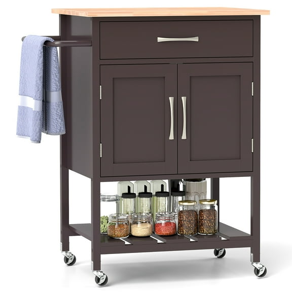 Gymax Rolling Kitchen Island Cart w/ Drawer 2-Door Storage Cabinet Bottom Tray Brown