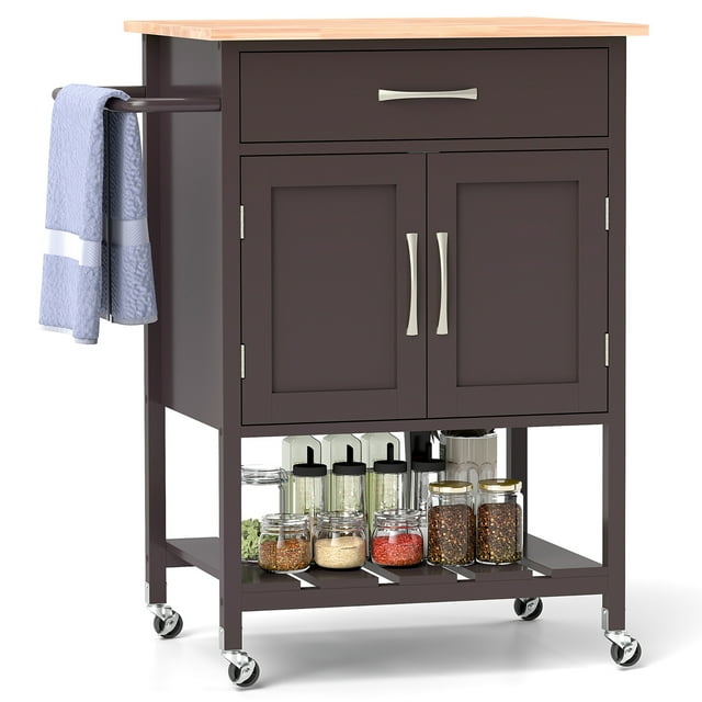 Gymax Chariot Îlot de Cuisine Roulant avec Tiroir Armoire de Rangement à 2 Portes Plateau Inférieur Brun
