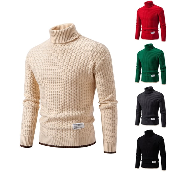 Hinvhai Men Turtleneck Sweater Long Sleeve Cable Knit Sweaters Slim Fit Mock Neck Twisted Pullover Red 10(XL)
