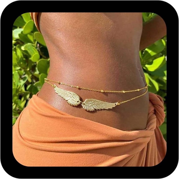 Punk Gold Belly Chains Angel Wings Waist Chain Angel Wing Body Chain Wing Waist Body Chains Adjustable Bikini Body Summer Beach Jewelry for Women