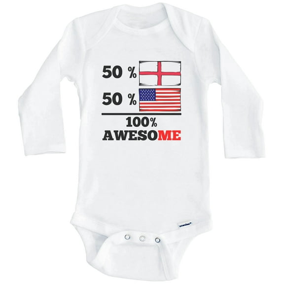 50% English 50% American 100% Awesome Funny England Flag One Piece Baby Bodysuit (Long Sleeve), 0-3 Months White