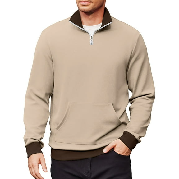 Mohiass Mens Color Block Sweatshirts No Hood Quarter Zip Long Sleeve Pullover Shirts Stand Collar Lightweight Comfy Sweatshirt with Pocket Beige L
