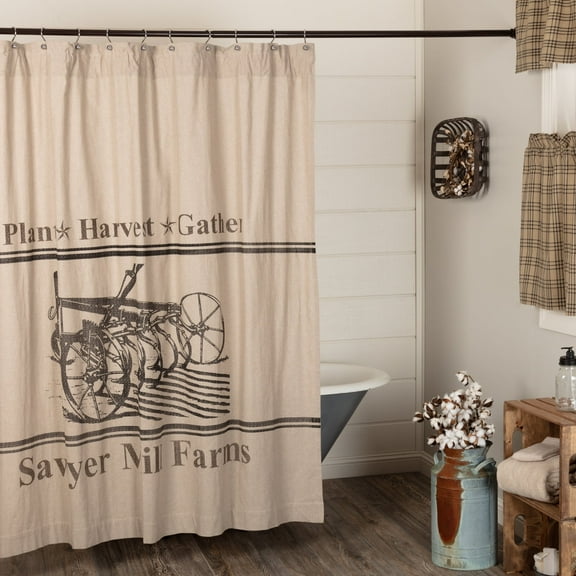 VHC Brands Sawyer Mill Charcoal, 100% Cotton, Lined Shower Curtain- Plant Harvest Gather 72x72