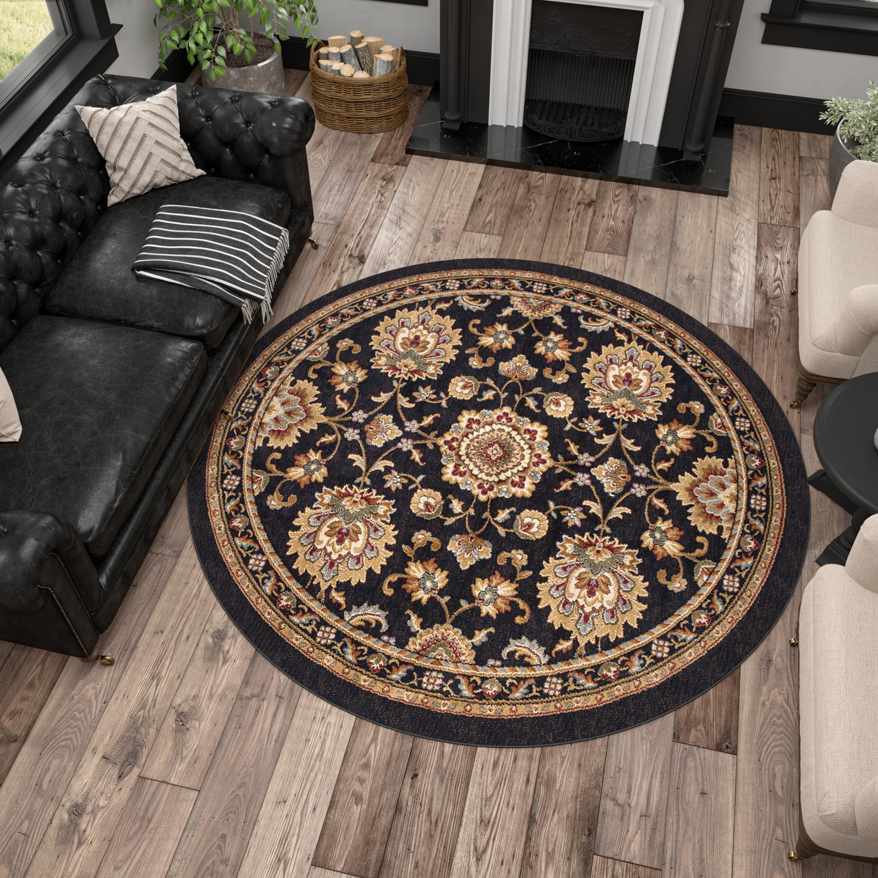 Sensation Traditional 8' Round Black and Gold Polypropylene Indoor Area Rug