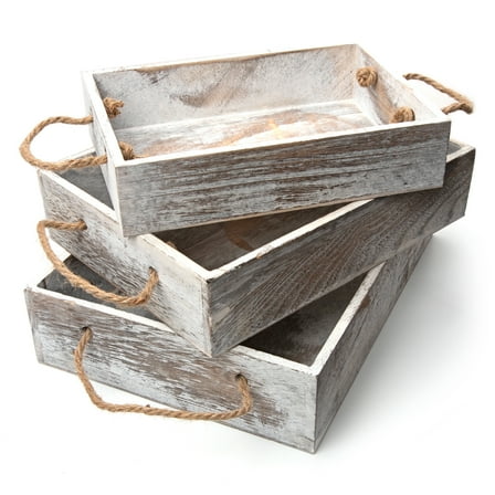 Hello Hobby Rustic Wooden White Wash Rectangular Nested Tray Set, 3 Pieces in Multiple Sizes