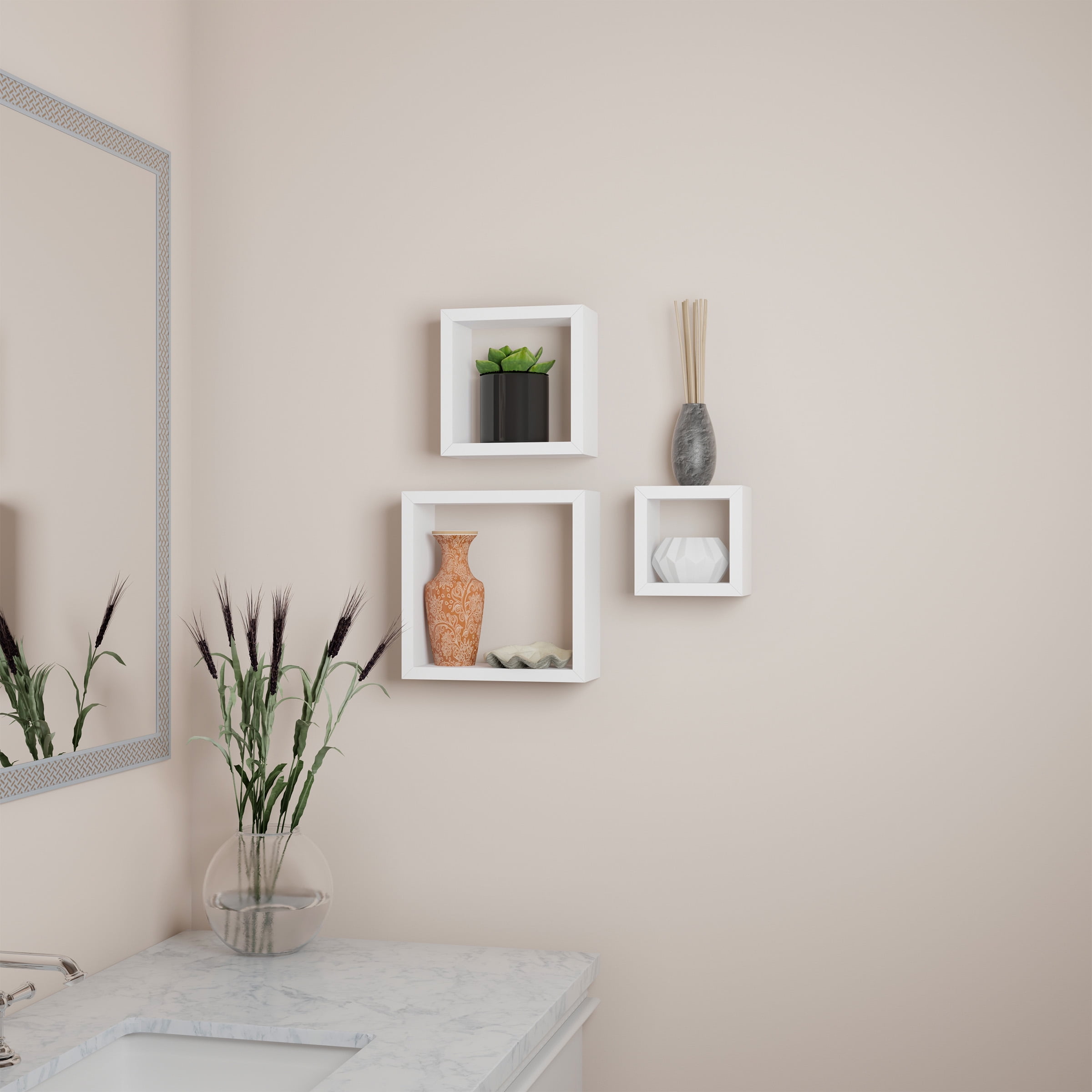 Floating Shelves- Cube Wall Shelf Set with Hidden Brackets, 3 Sizes to Display Decor, Books, Photos, More- Hardware Included by Lavish Home (White)