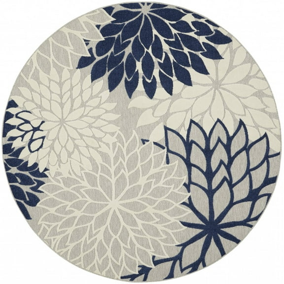 8â€™ Round Ivory and Navy Indoor Outdoor Area Rug