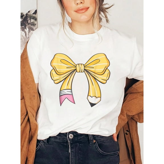 Coquette Pencil Bow Teacher Back To School T-Shirt, Graphic Tees Women