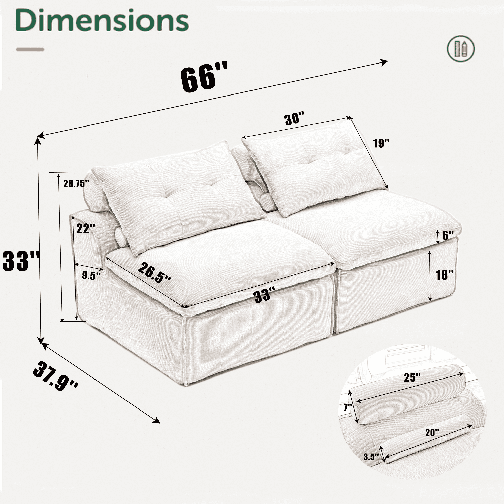 Aukfa 66" Tufted Modular Sofa, Armless Compact Couch for Small Spaces & Cozy Lounging, Orange