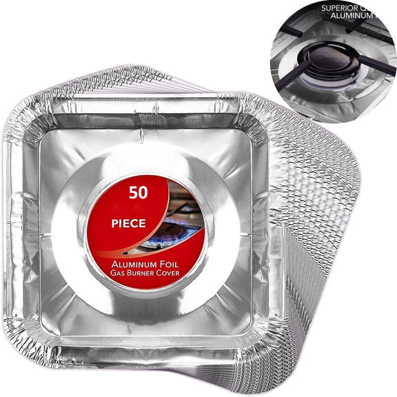 Gas Burner Liners (50 Pack) Disposable Aluminum Foil Square Stove Burner Covers - 8.5 Inch Gas Range Protector Bibs Keep Stove Clean - Foil Liners to Catch Oil, Grease and Food Spills