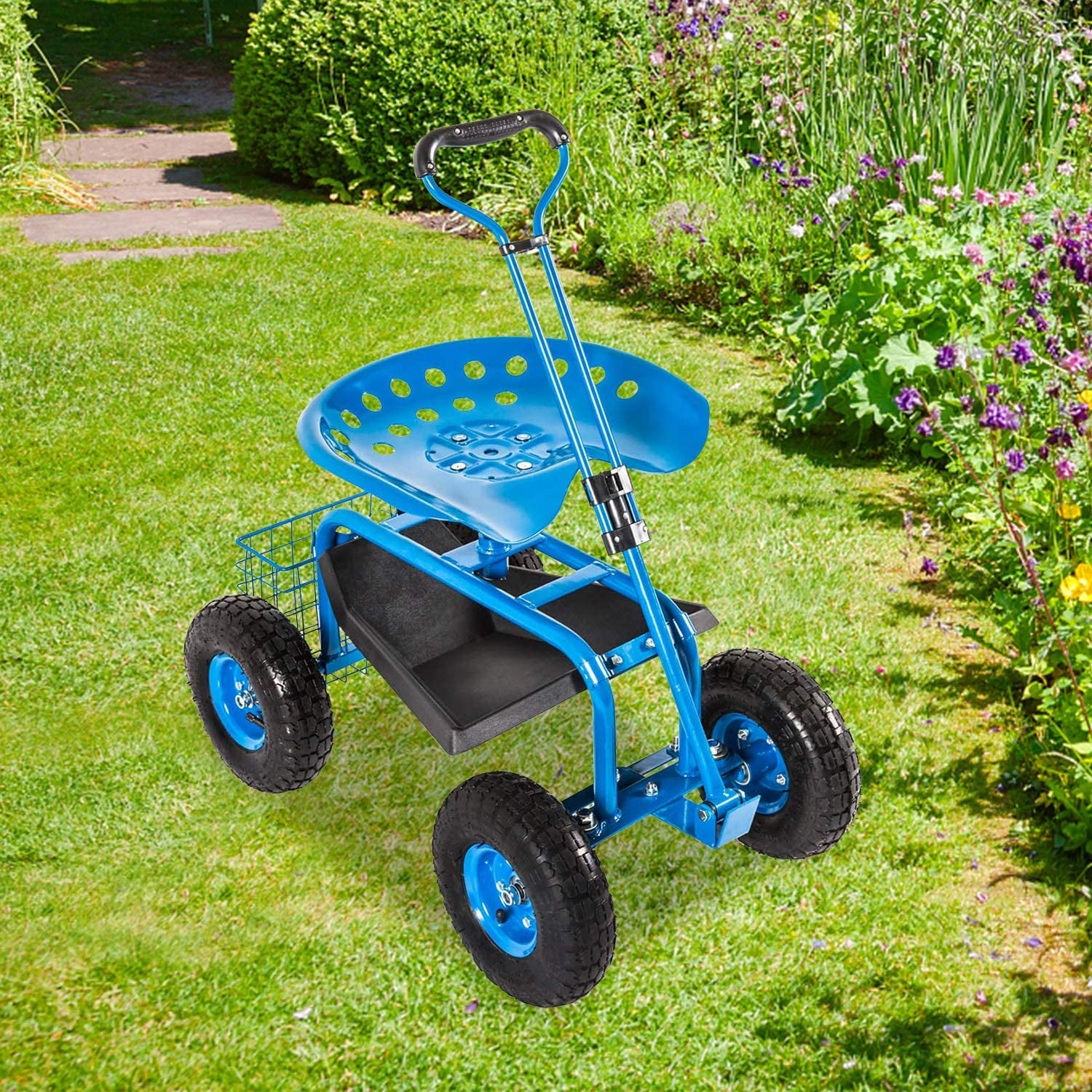 Kinsuite Garden Hauling Cart Rolling Work Seat Outdoor Utility Lawn Yard Patio Utility Cart 310 Lbs Load Capacity Adjustable Handle 360 Degree Swivel Seat Blue 