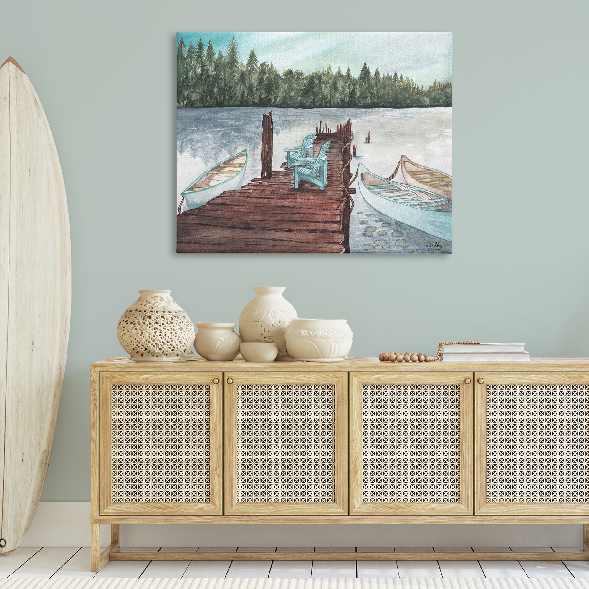 Stupell Industries Canoes at Lake Dock Landscape Painting Gallery Wrapped Canvas Art Print Wall Art, 48 x 36