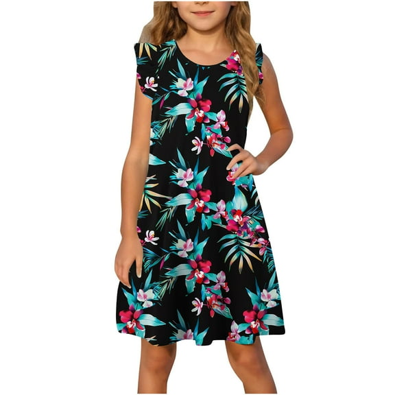 Kmdttou Toddler Girls Dress Summer Ruffle Sleeve Sundress Outfit For Kids 4-14T