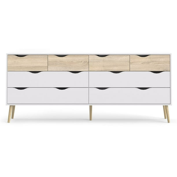 Pemberly Row Mordern Style 8 Drawer Wide Dresser in White and Oak
