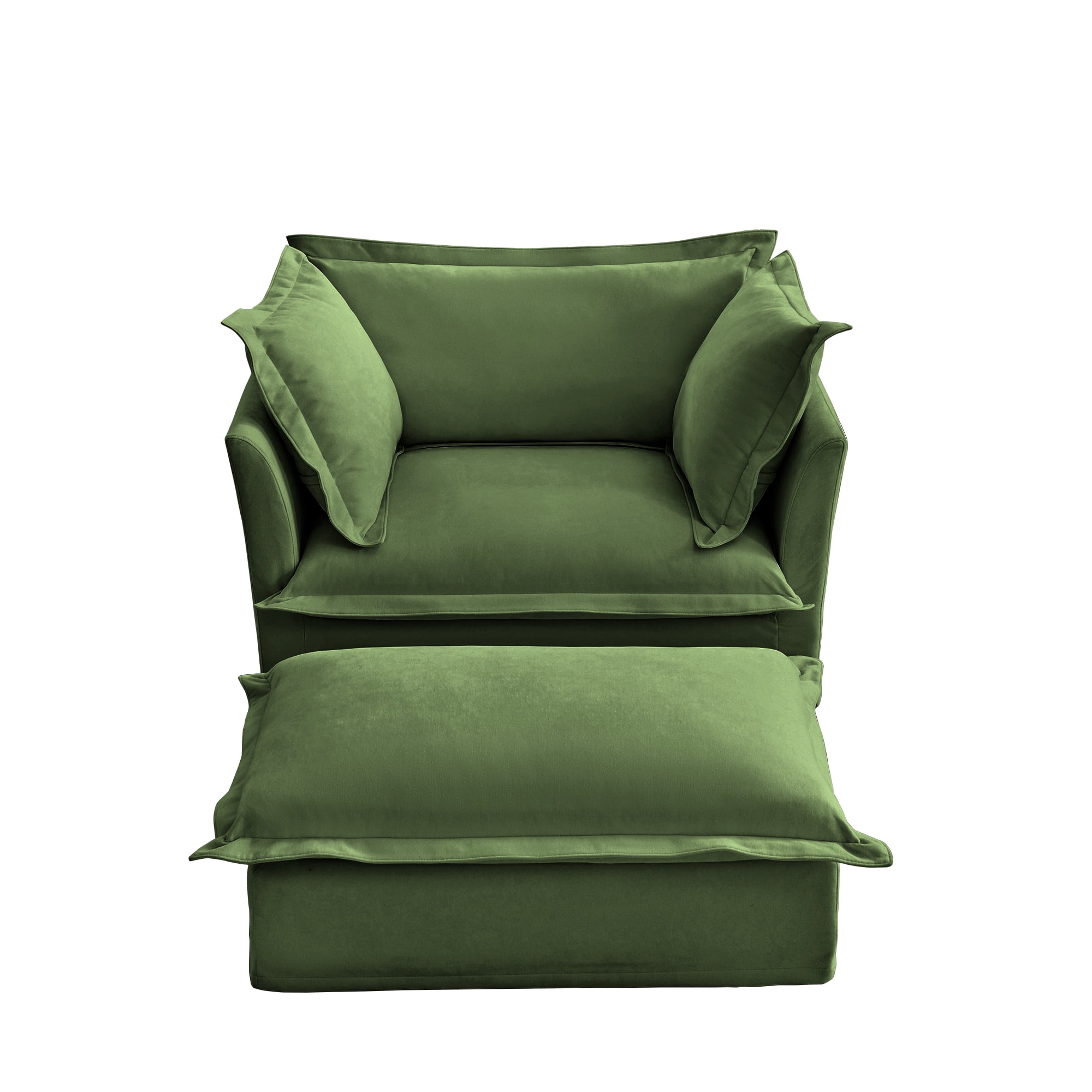 Gewnee Upholstered Slipcovered Chenille Fabric Green Armchair with Ottoman, Deep Seat Armchair W/ Wide Ottoman for Living Room