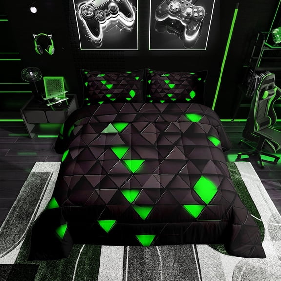 Erosebridal Green and Black Comforter Set Triangle Bedding Set Twin Size Bedroom Decor Geometric Comforter Modern Duvet Set With 1 Pillow Case