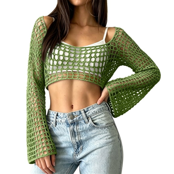 JULMCOMO Crochet Beach Cover Ups for Women Mesh Knit Hollow Out Long Sleeve Summer Crop Tops Bikini Cover Ups for Swimwear Green M