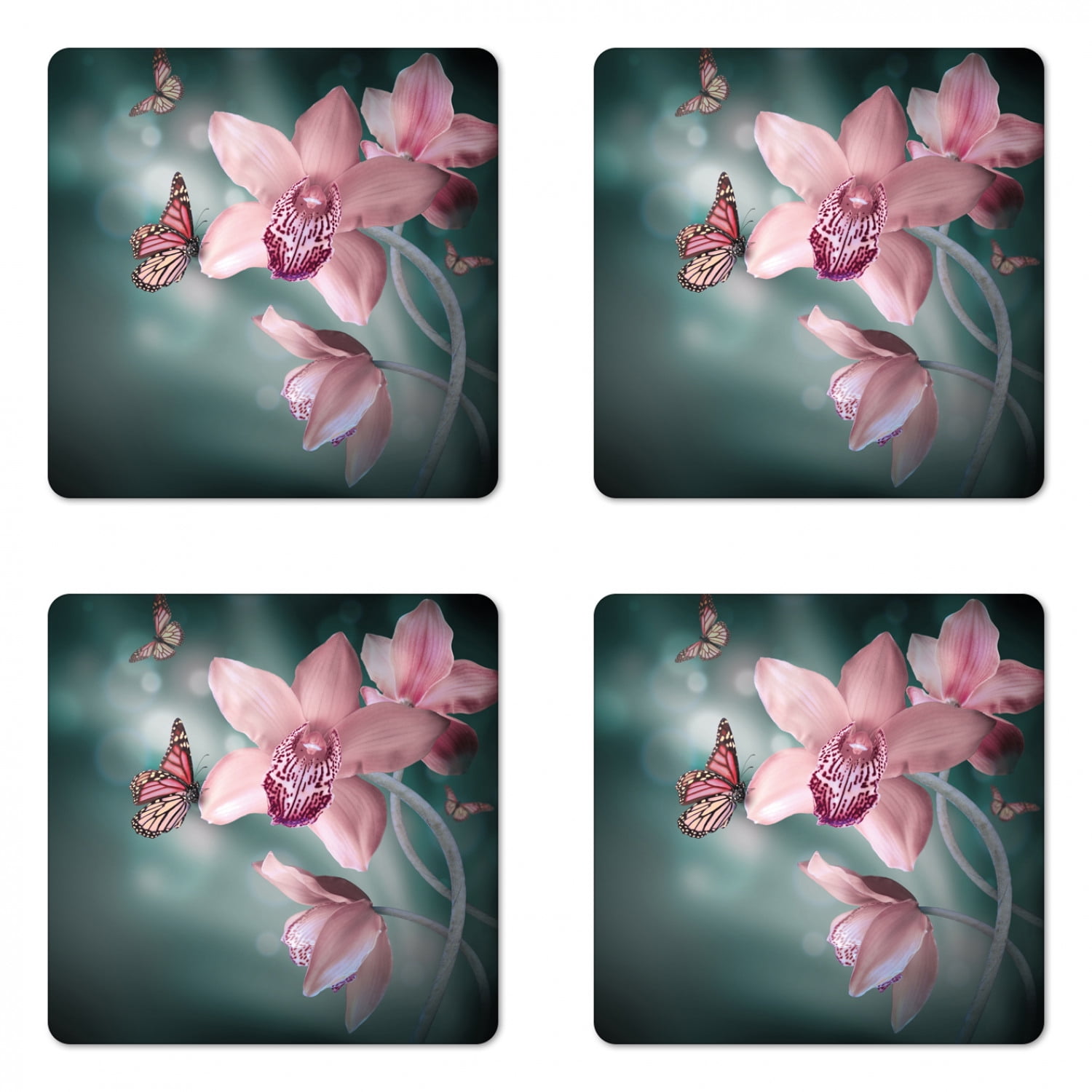 Floral Coaster Set Of 4 Orchid Flower Butterfly Soft Fresh Spring Nature Theme Art Photo Square Hardboard Gloss Coasters Standard Size Baby Pink And Jade Green By Ambesonne Walmart Com Walmart Com
