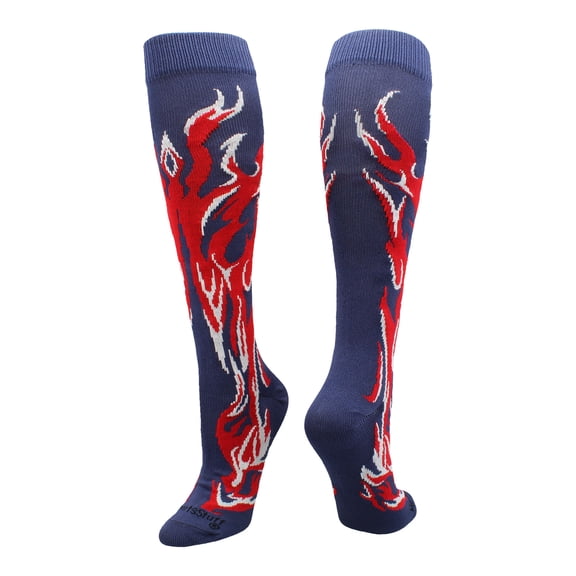 MadSportsStuff Flame & Fire Over-the-Calf Socks for Kids – Navy/Red/White, Medium