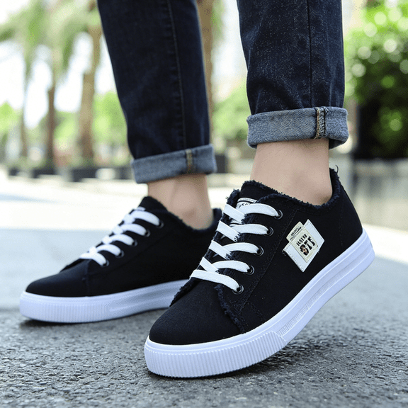 Domuza Women Frayed Edge Patch Decor Low Top Canvas Sneakers, Lace Up Casual Flat Skate Shoes Non Slip Rubber Sole for Daily Walking Streetwear Black 8.5(EU-41)