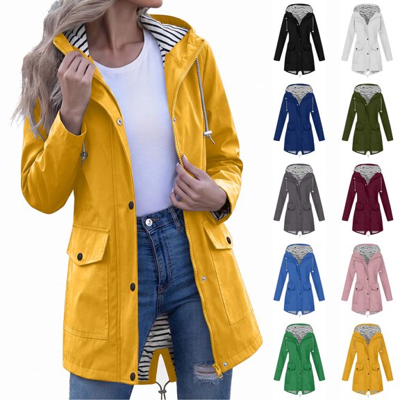 Xaqiouau Womens Striped Lined Hooded Jacket Mid-Length Water-Resistant Windproof Coat Quick Dry Lightweight Outerwear Outdoor Hiking Casual Daily Windbreaker Yellow S