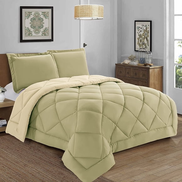 All-Season Comforter Set - Reversible 3-Piece Bedding with Super Soft Down Alternative Fill - King/California King Size, Perfect for Year-Round Use, Sage/Cream