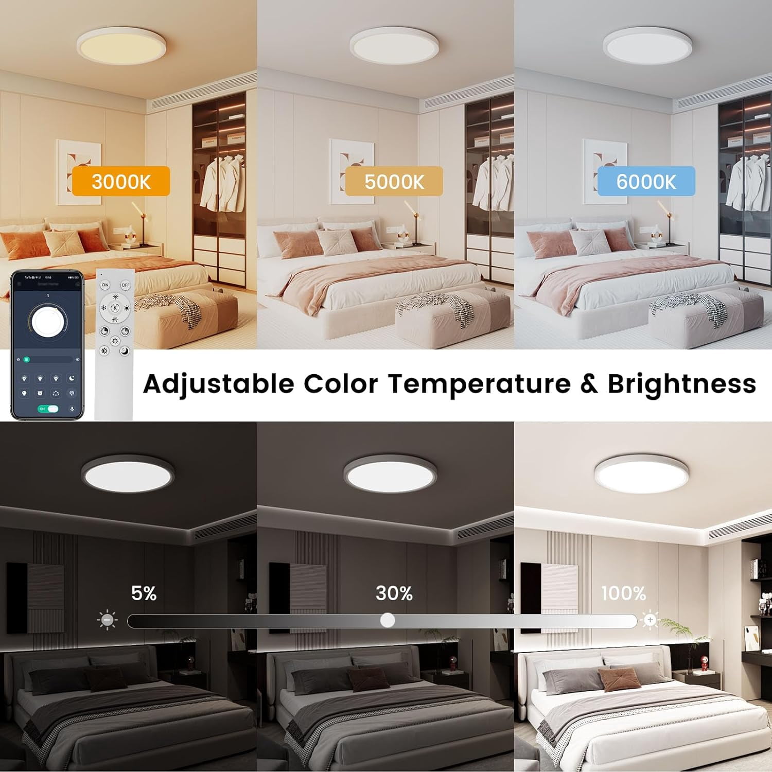 15.8" Ultra-Thin Ceiling Light - Remote & App Control, 36W 2700K-6000K Color & Brightness Adjustment, Soft Night Light for Bedroom, Kitchen, Living Room