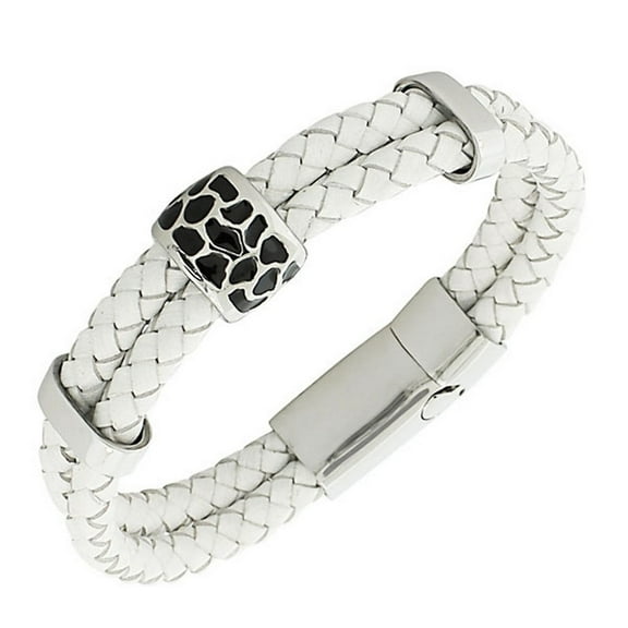 White PU Leather Braided Silver-Tone Black Enamel Wristband Women's Medical ID Bracelet
