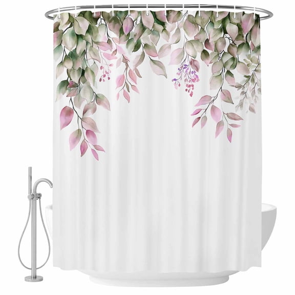 Xipuska Pink Green Eucalyptus Shower Curtain - Water Repellent Fabric Shower Curtains Washable, Spring Leaves Watercolor Fruit Decorative Polyester Cloth Bathroom Curtains Modern Bath Decor 72"x72"