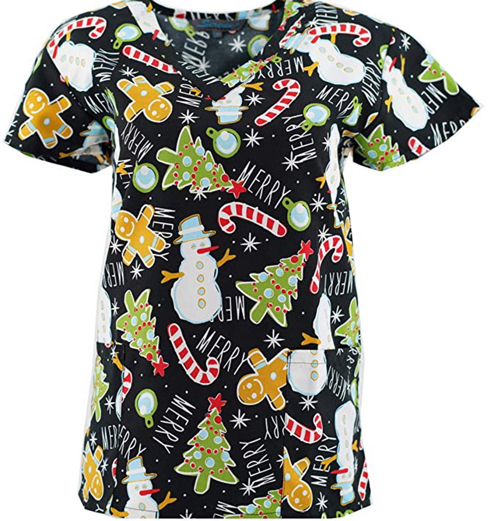 DSF Uniforms VNeck Christmas Holiday Themed Print Scrub Top