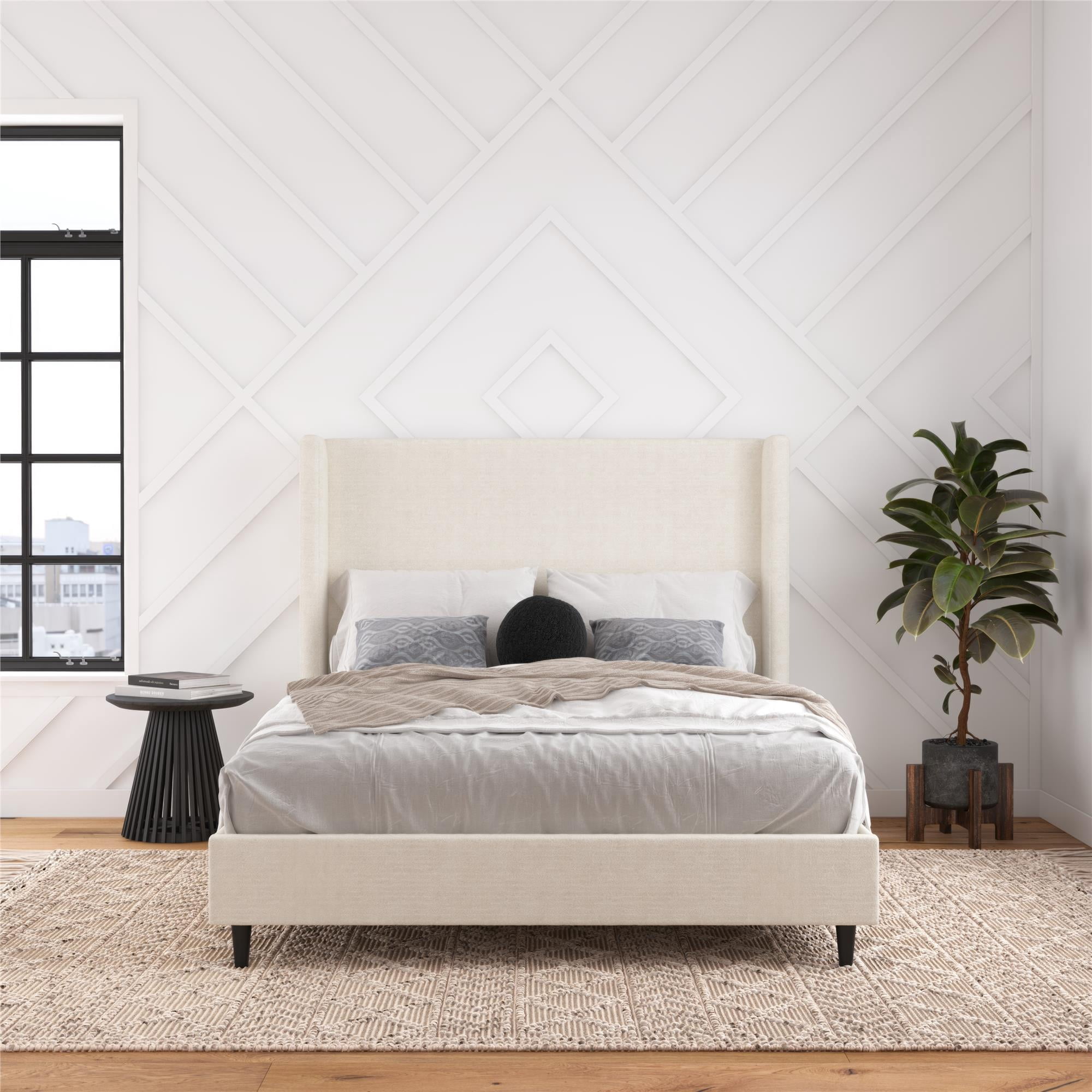 DHP Eveline Upholstered Platform Bed Frame with High Wingback Headboard, Queen, Ivory Boucle