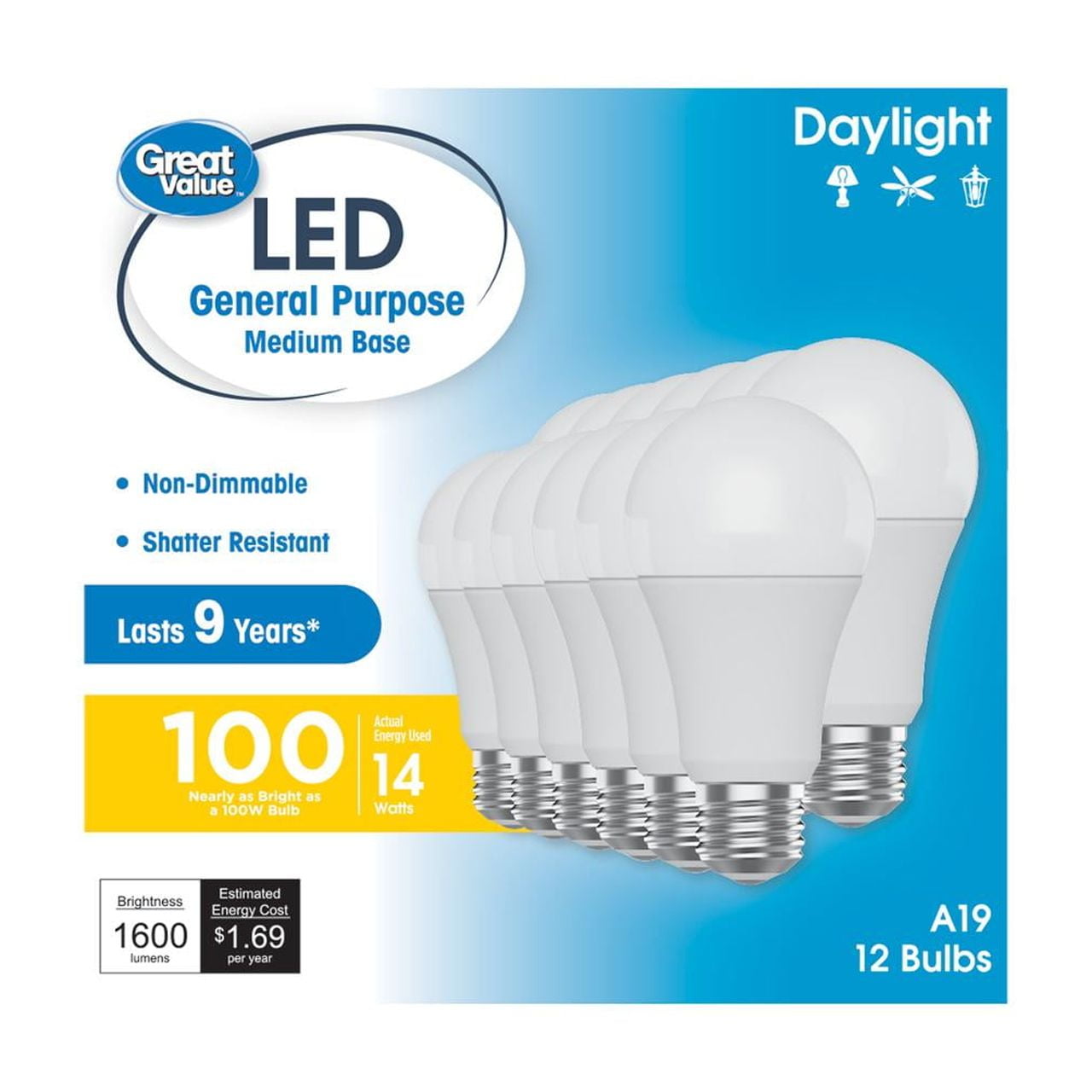 Great Value A19 LED Light Bulbs, 100 Watts Eqv, Daylight, General Purpose, 9yr, Medium Base, 12 pack
