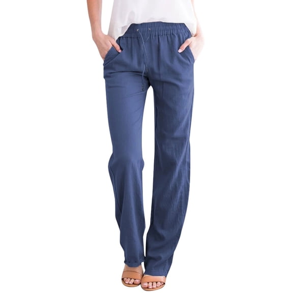 Ruimatai Women's Linen Pants Casual Elastic Waist Drawstring Loose Fit Straight Leg Summer Solid Color Long Pants Comfortable Beach