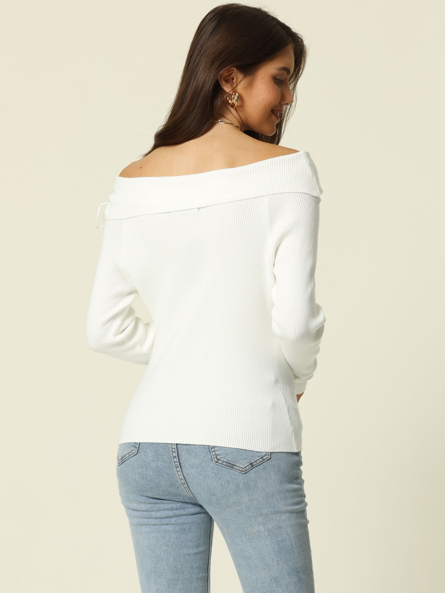 Unique Bargains Women's Off Shoulder Ribbed Knit Long Sleeve Solid Sweater Pullover Top M White