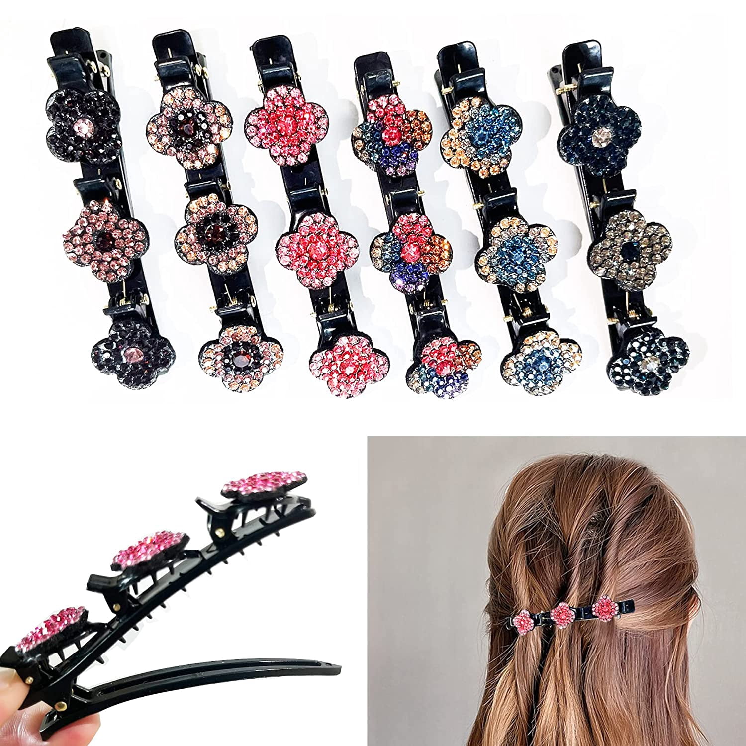 6PCS Braided Hair Clips for Women Girls, Sparkling Crystal Stone Braided Hair Clips for Thick
