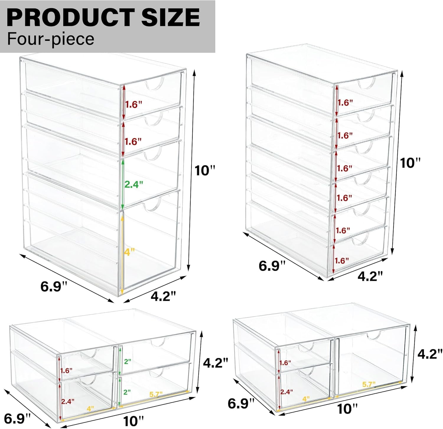 Acrylic Drawer Organizer with 17 Drawers, Craft Office Desk Makeup Organizers Accessories, Set of 4 Clear Stackable Storage Drawers for Vanity, Countertop, Jewelry, Art Supply Organization