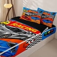 thumbnail image 3 of Castle Fairy Cartoon Racing Car Zipper Twin Comforter Sets with Fitted Sheet and 2 Pillowcases,Race Cone Print Zipper Bedding Set for Bedroom,Blue Orange,4-Piece,Black Reversible, 3 of 6