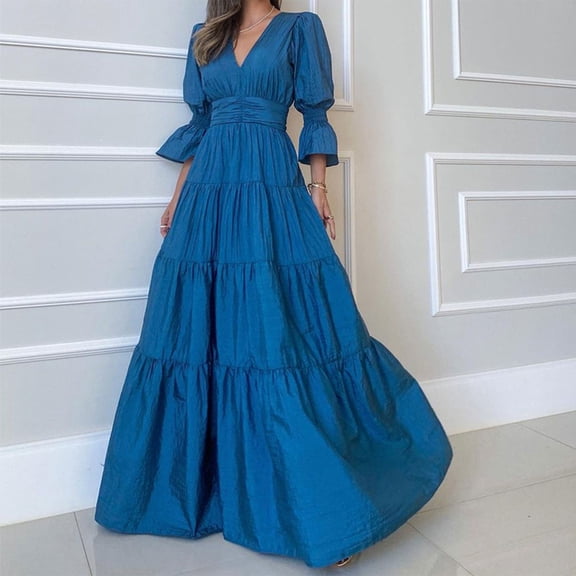 JNGSA Fall Wedding Guest Dresses,Women's Plus Size Dress Elegant Formal Maxi Dresses Puff Long Sleeve Dress Tired Ruched Maxi Cocktail Dress Blue