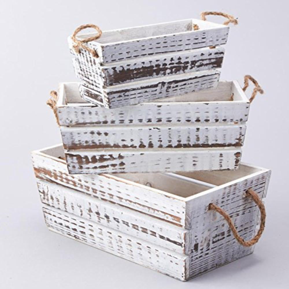 Country Kitchen Collection Wood Crate 2 Rope Handles Farmhouse Box Storage 