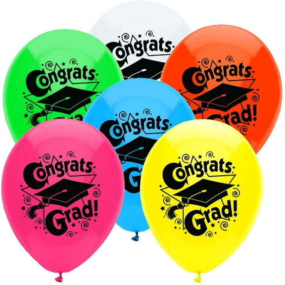 PartyMate Congrats Grad Printed 12-Inch Latex Balloons, 8-Count, Assorted Colors