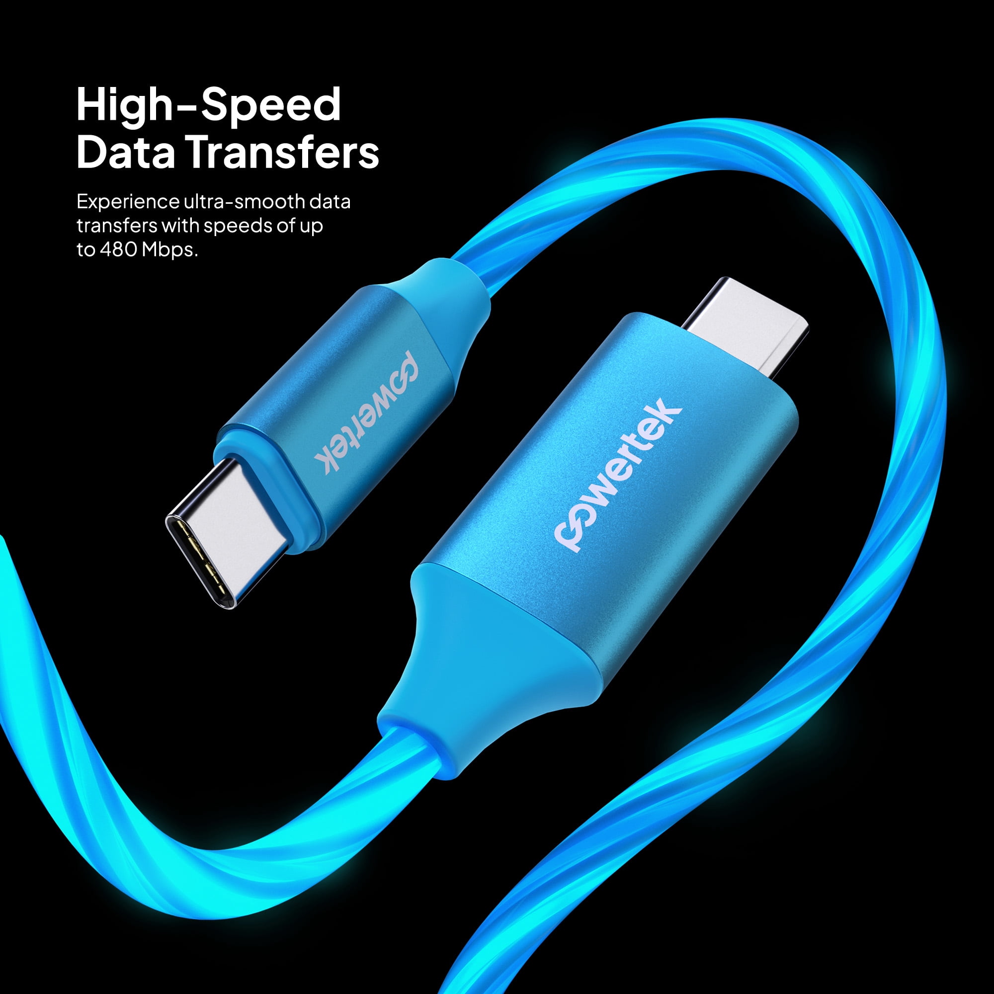 Powertek Light-Up USB-C to USB-C Fast Charging Cable, 60W, 5 ft, Blue