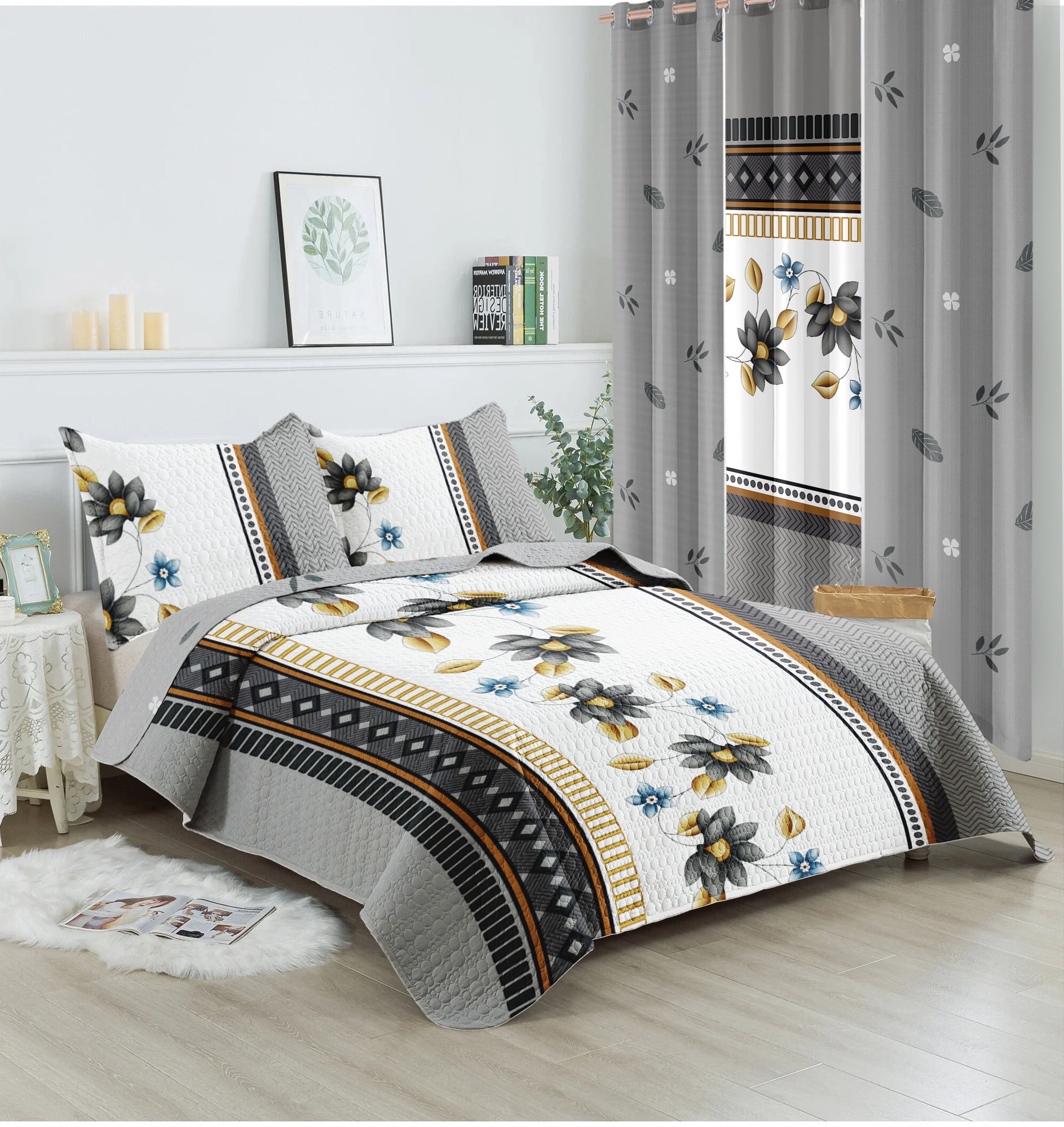 Grey & Gold Floral Geometric 4-Piece Queen Duvet Cover Set – 100% Bamboo Polyester, All-Season Bedding
