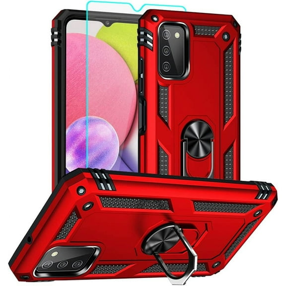 for Samsung Galaxy A03s Phone Case, Galaxy A03s Phone Case with HD Screen Protector, [Military Grade 16ft. Drop Tested] Ring Shockproof Protective Phone Case for Samsung A03s,Red