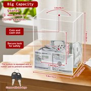 Clear Acrylic Piggy Bank with Lock and Key for Kids Adults, Openable Money Saving Box for Cash Coins Real Money (Clear)