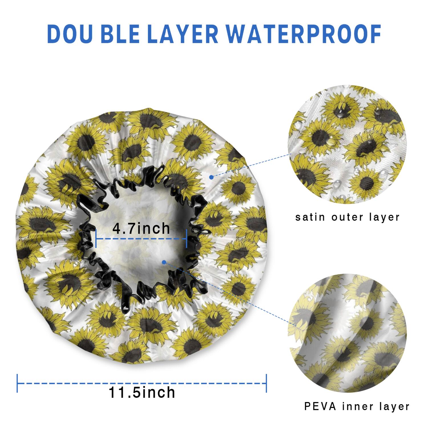 Shower Caps,White Sunflower Pattern Waterproof Shower Cap for Women 4 Pieces,Double Reusable Hair Cover for Shower PEVA Elastic Stretch Hem