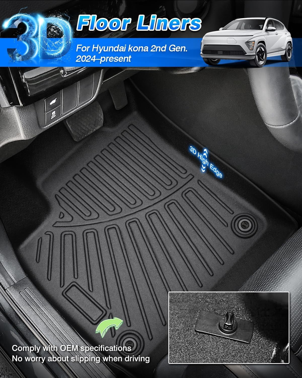 Canvcle Floor Mats and Cargo Liner Fit for Hyundai Kona 2024 2025 (No Electric Model) Limited | N Line | SE | SEL Accessories All Weather TPE 1st & 2nd Row Car Rear Trunk Mats