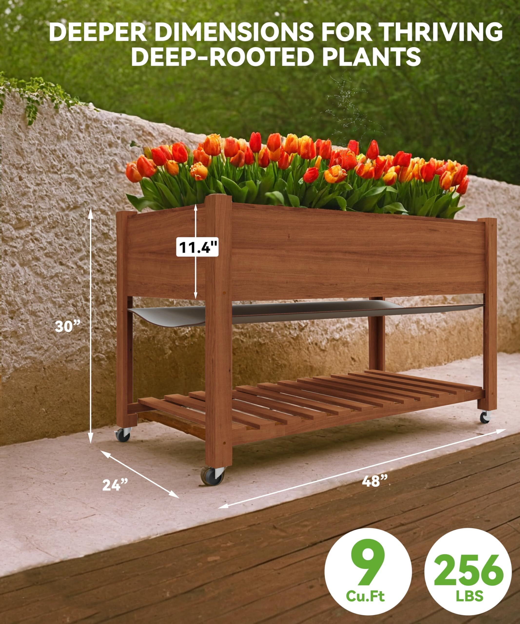 RIEDHOFF Raised Garden Bed Elevated with Wheels 48x24x30in Cedar Wood Acorn Brown